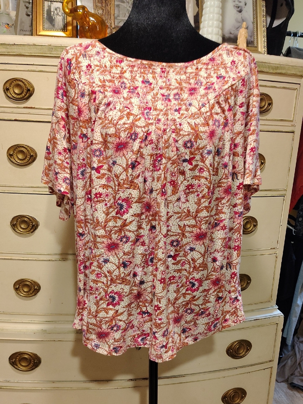Lucky Brand Pink Floral Smocked Yoke Blouse